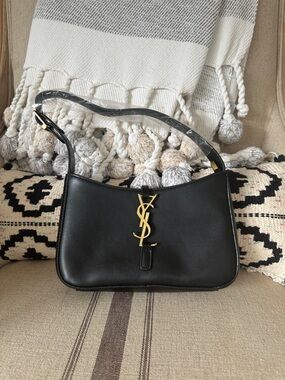 Black Leather Shoulder Bag with Gold YSL Logo